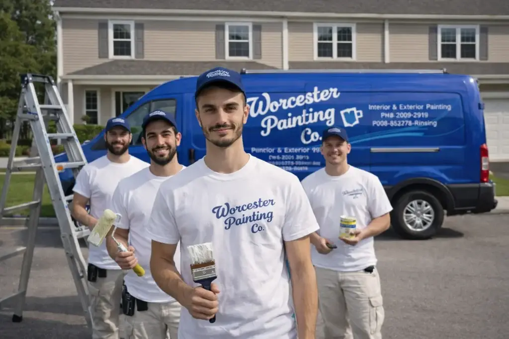 Image of the partial crew of Worcester Painting Co, accompanied by the founders' son, Pawel James.